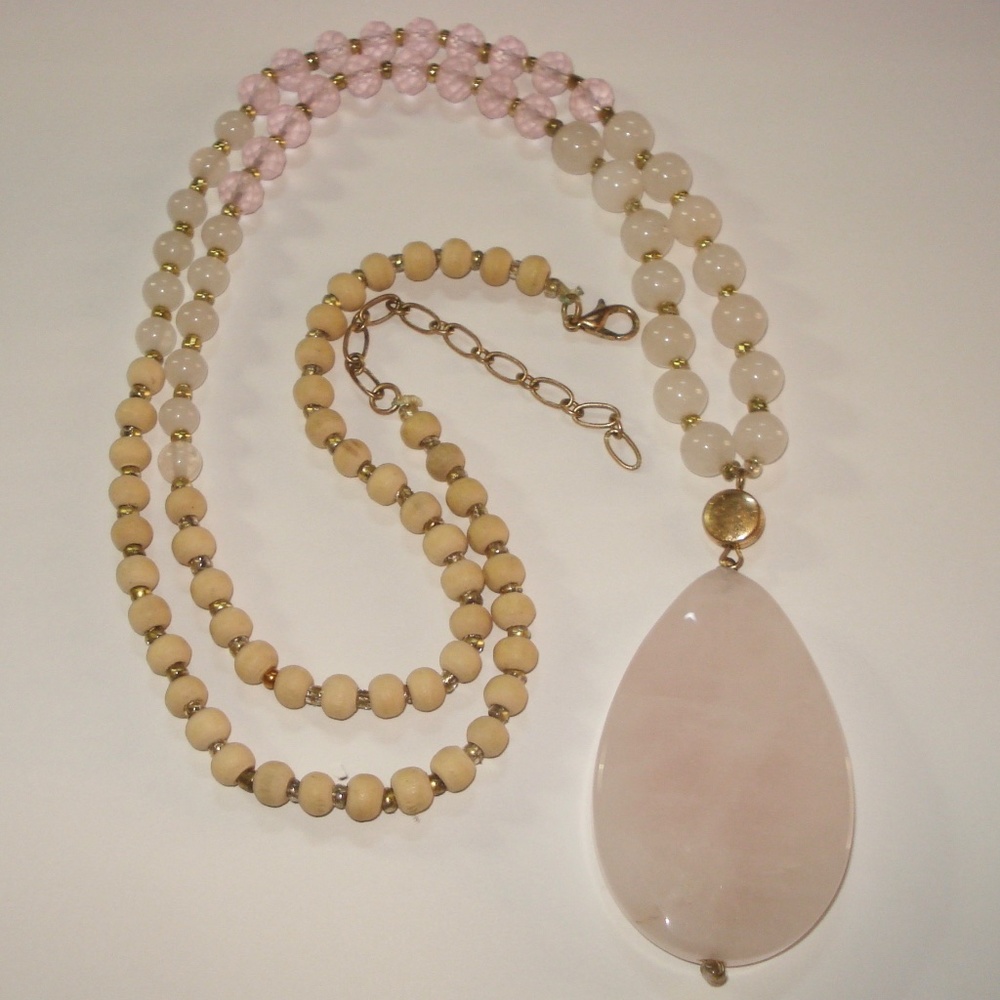 Rose Quartz Beaded Tear Drop Faceted Pend Necklace